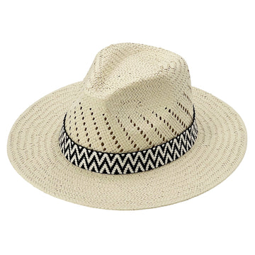 Straw Hat with B&W Patterned Fabric Band