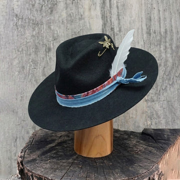 Black Felt Hat - White Feather & Vintage Pin