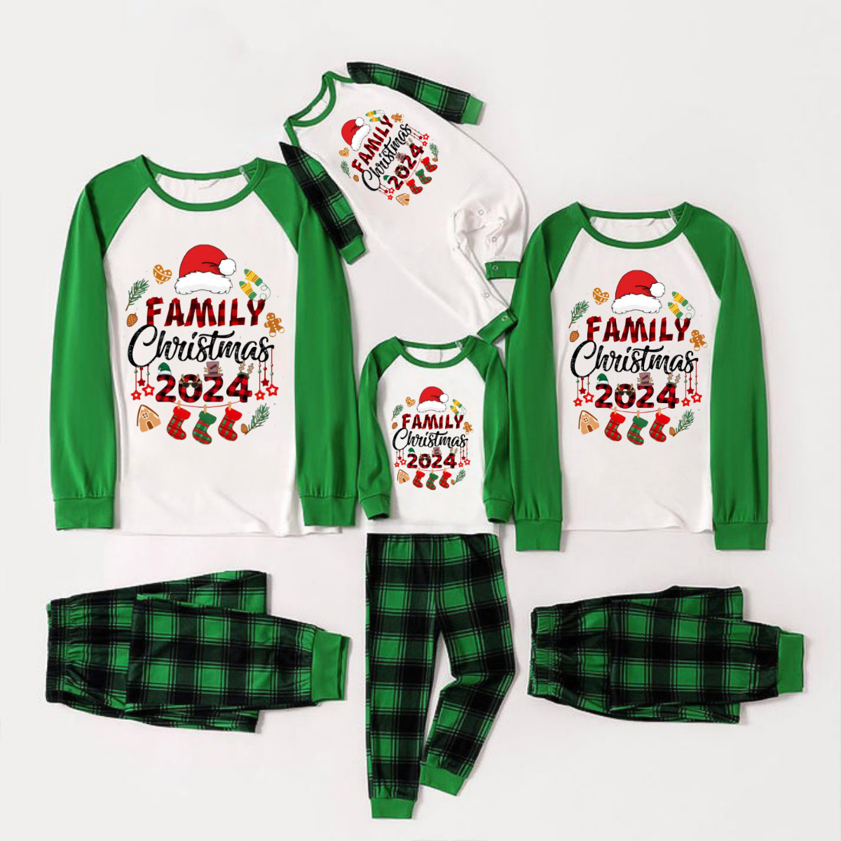 Family Christmas 2024 and Christmas Pattern Print Long Sleeve Top With Green & Black Plaid Matching Pajamas