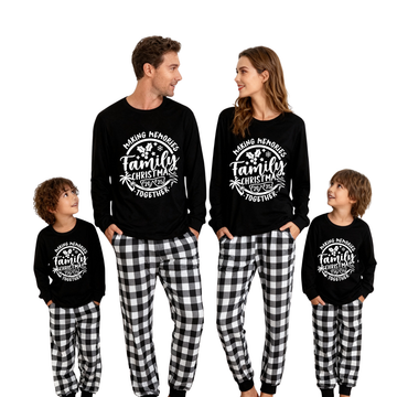 Christmas Make Memories Together 2025 Print Black Long Sleeve Top with Black And White Plaid Pants Family Matching Pajamas