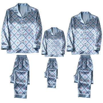 Light Blue Diamond Grid Red Floral Print Satin Button-Up Family Christmas Pajamas Set