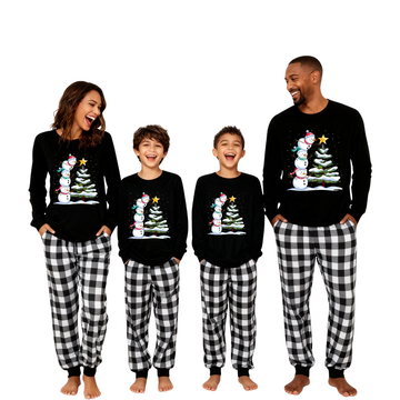 Black and White Plaid Christmas Pajamas Set with Snowman & Christmas Tree Print
