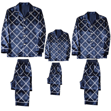 Navy Blue White Diamond Grid Floral Print Satin Button-Up Family Christmas Pajamas Set