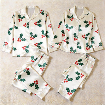 Classic Holly Berry Print Satin Matching Pajamas for Couples – Long Sleeve Button-Down Top & Pants Sleepwear Set