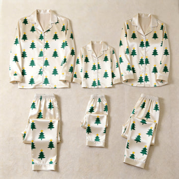 Cream Green Christmas Tree Yellow Star Print Satin Button-Up Family Christmas Pajamas Set