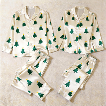 Cream Christmas Tree Print Satin Matching Pajamas for Couples – Long Sleeve Button-Down Top & Pants Sleepwear Set