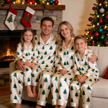 Cream Green Christmas Tree Yellow Star Print Satin Button-Up Family Christmas Pajamas Set