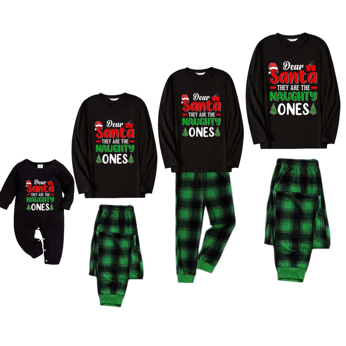 "Dear Santa They are The Naughty Ones" Slogan Printed Black and Green Plaid Family Matching Pajamas