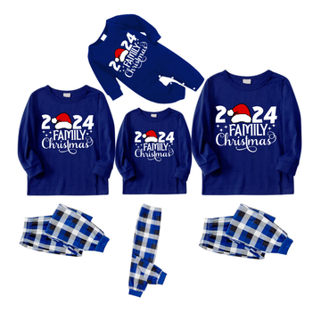 "2024 Family Christmas" Text and Santa Hat Printed Blue and White Plaid Family Matching Pajamas