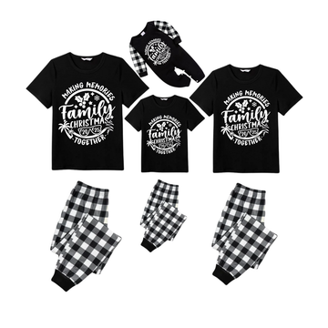 Making Memories Together Family Christmas 2025 Pajamas Set - Black Top Black and White Plaid Pants White Graphic Text