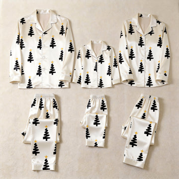 White Black Christmas Tree Yellow Star Print Satin Button-Up Family Christmas Pajamas Set