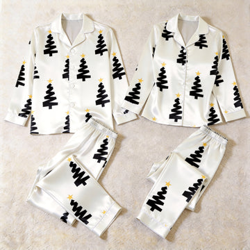 Modern Black Christmas Tree & Star Satin Matching Pajamas for Couples – Long Sleeve Button-Down Top & Pants Sleepwear Set