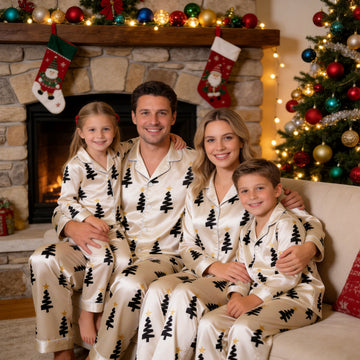 White Black Christmas Tree Yellow Star Print Satin Button-Up Family Christmas Pajamas Set