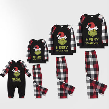 Christmas Cartoon and 'Merry Whatever' Letter Print Contrast Tops and Red & Black & White Plaid Pants Family Matching Pajamas Set With Dog Bandana