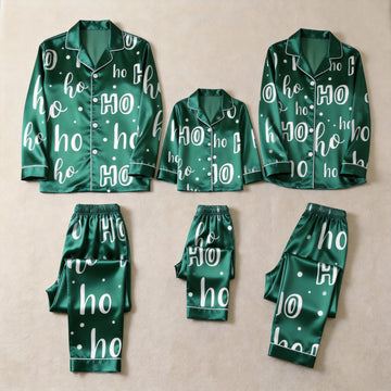 Emerald Green White Ho Ho Letter Print Satin Button-Up Family Christmas Pajamas Set