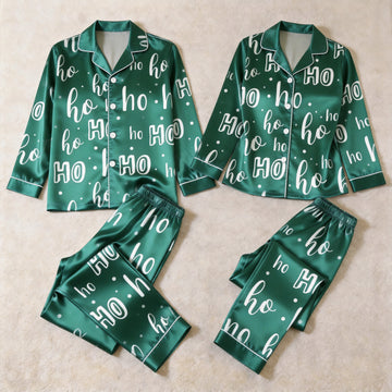 Emerald Green "Ho Ho Ho" Script Satin Matching Pajamas for Couples – Long Sleeve Button-Down Top & Pants Sleepwear Set