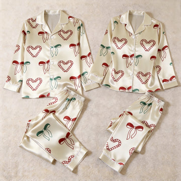 Cream Candy Cane Heart & Bow Satin Matching Pajamas for Couples – Long Sleeve Button-Down Top & Pants Sleepwear Set
