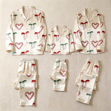 Cream Red Green Candy Cane Heart Bow Print Satin Button-Up Family Christmas Pajamas Set