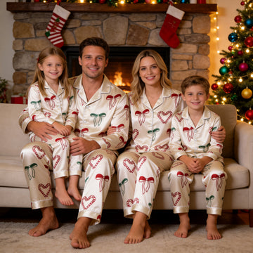 Cream Red Green Candy Cane Heart Bow Print Satin Button-Up Family Christmas Pajamas Set