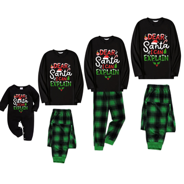 "Dear Santa I can Explain" Slogan Printed Black and Green Plaid Family Matching Pajamas