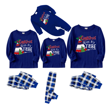 "Christmas With My Tribe" Text Printed Blue and White Plaid Family Matching Pajamas