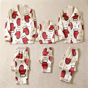Red Mitten Print Satin Button-Up Family Christmas Pajamas Set