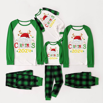 Family Christmas Shirts Santa Hat Christmas Deer Patterned and 'FAMILY CHRISTMAS 2024  ' Letter Print Contrast Tops and Black and Gren Plaid Pants  Family Matching Raglan Long-sleeve Pajamas Sets