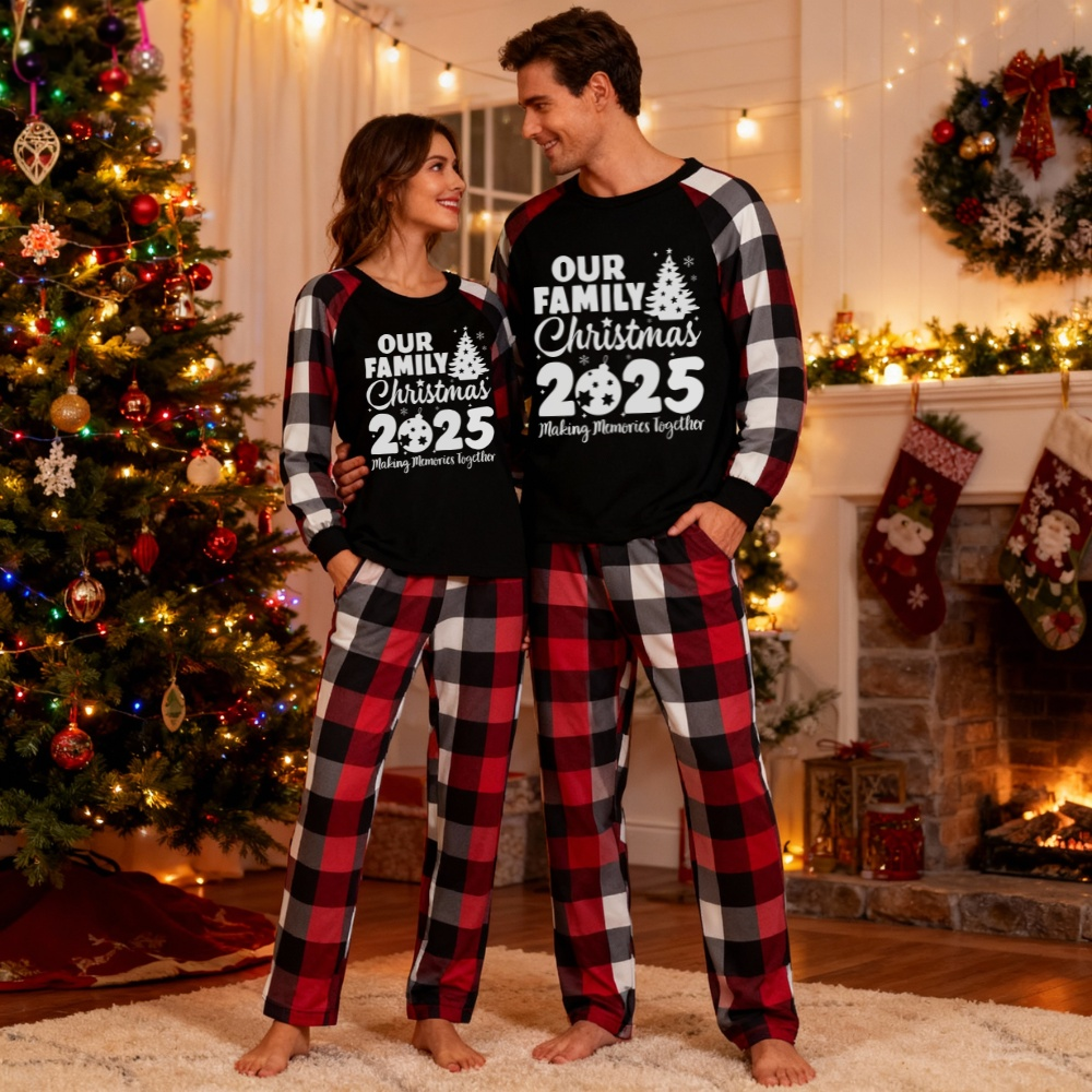 Christmas Tree & "2025 Making Memories Together" Patterned Plaid Sleeve Contrast Tops and Red & Black & White Plaid Pants Couple Matching Pajamas Set With Dog Bandana