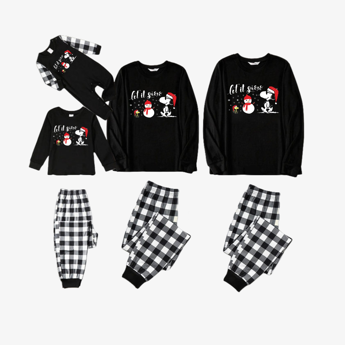 Let it Snow Slogan and Snoopy Printed Black&White Plaid Family Pajama Sets