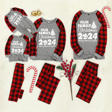 Christmas Tree Patterned  and "2024 Making Memories Together" Letter Print Contrast top and Plaid Pants Family Matching Pajamas Set With Dog Bandana