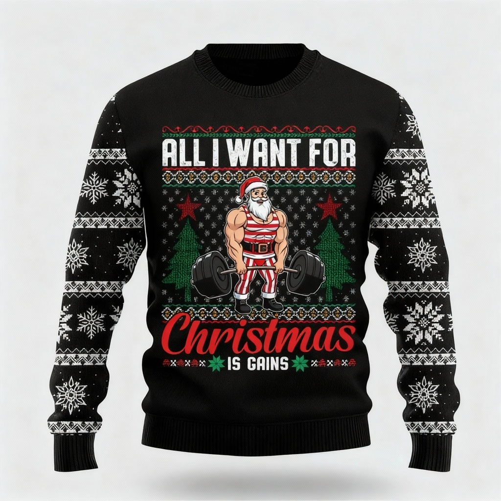 Colorful Santa Claus Cartoon Print - Black Holiday Icon Sweater