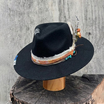 Teardrop Fedora - Black with Stitched Details & Turquoise