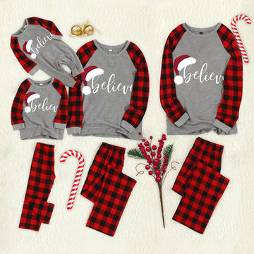 Christmas Hat and ‘Believe“ Letter Print Grey Contrast top and Plaid Pants Family Matching Pajamas Set With Dog Bandana