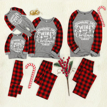 Christmas ”Running on Wine and Christmsa Cheer“ Letter Print Patterned Grey Contrast top and Black & Red Plaid Pants Family Matching Pajamas Set With Dog Bandana