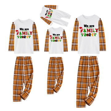 Christmas We are Family 2024 Letter Print Contrast White Top And Orange & White Plaid Pants Family Matching Pajamas