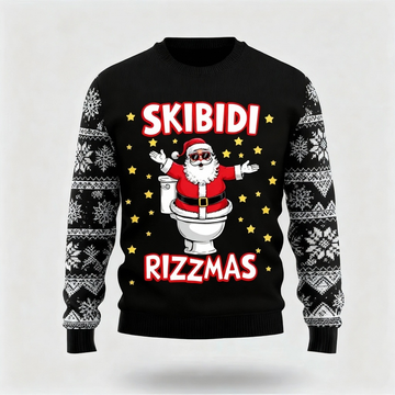 Playful Santa Claus Print - Black Holiday Icon Sweater