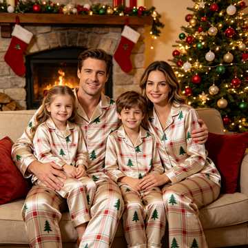 Family Christmas Tree Satin Pajama Set Festive Plaid Button-Front Holiday Sleepwear Lounge Top and Pants