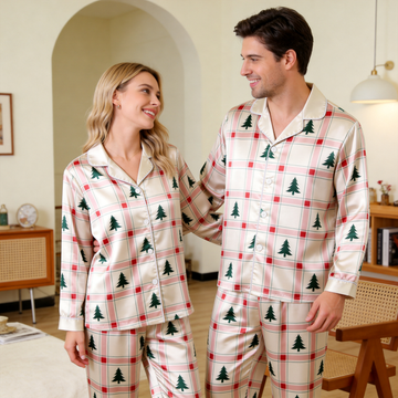 Christmas Tree Plaid Satin Matching Pajamas for Couples – Long Sleeve Button-Down Top & Pants Sleepwear Set