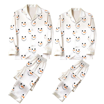 Cute Snowman Face Print Satin Matching Pajamas for Couples – Long Sleeve Button-Down Top & Pants Sleepwear Set