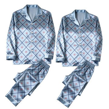 Soft Blue Geometric Floral Diamond Satin Matching Pajamas for Couples – Long Sleeve Button-Down Top & Pants Sleepwear Set
