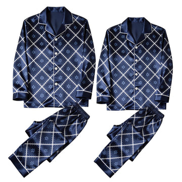 Navy Blue Floral Diamond Grid Satin Matching Pajamas for Couples – Long Sleeve Button-Down Top & Pants Sleepwear Set