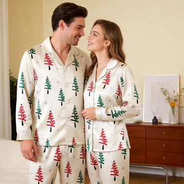 Holiday Happy Typography Christmas Tree Print Satin Matching Pajamas for Couples – Long Sleeve Button-Down Top & Pants Sleepwear Set