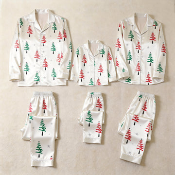Satin Happy Christmas Tree Print Family Matching Pajamas Set Long Sleeve Button-Down Festive Sleepwear