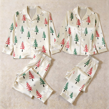 Ivory "Happy" Tree & Star Print Satin Matching Pajamas for Couples – Long Sleeve Button-Down Top & Pants Sleepwear Set