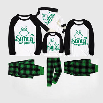 Christmas Cute Cartoon Face and "Santa We Good?" Letter Print Casual Long Sleeve Sweatshirts Black Contrast Top and Black and Green Plaid Pants Family Matching Pajamas Sets