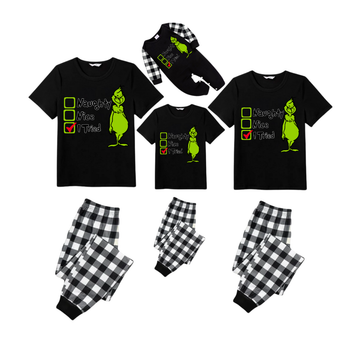 Naughty Nice I Tried Grinch Family Christmas Pajamas Set - Black Top Black and White Plaid Pants Green Graphic