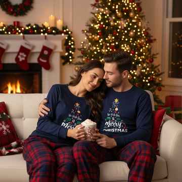 "We Wish You a Merry Christmas" Printed Blue Long Sleeve Top With Blue & Red Plaid Couple Matching Pajamas
