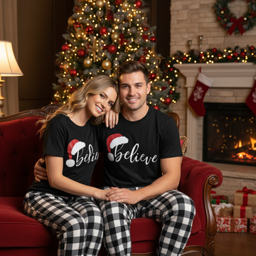 Believe Couple Christmas Pajamas Set - Black Top Black and White Plaid Pants White Text Graphic