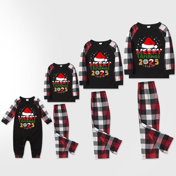 Red and Gray Plaid Christmas Pajamas Set With Santa Hat and "Merry Christmas 2025" Text Print