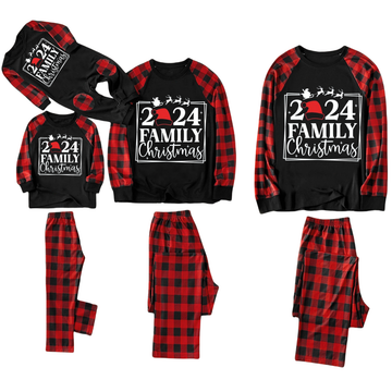 "2024 Family Christmas" Text and Santa Hat Print Black & Red Plaid Family Matching Pajamas